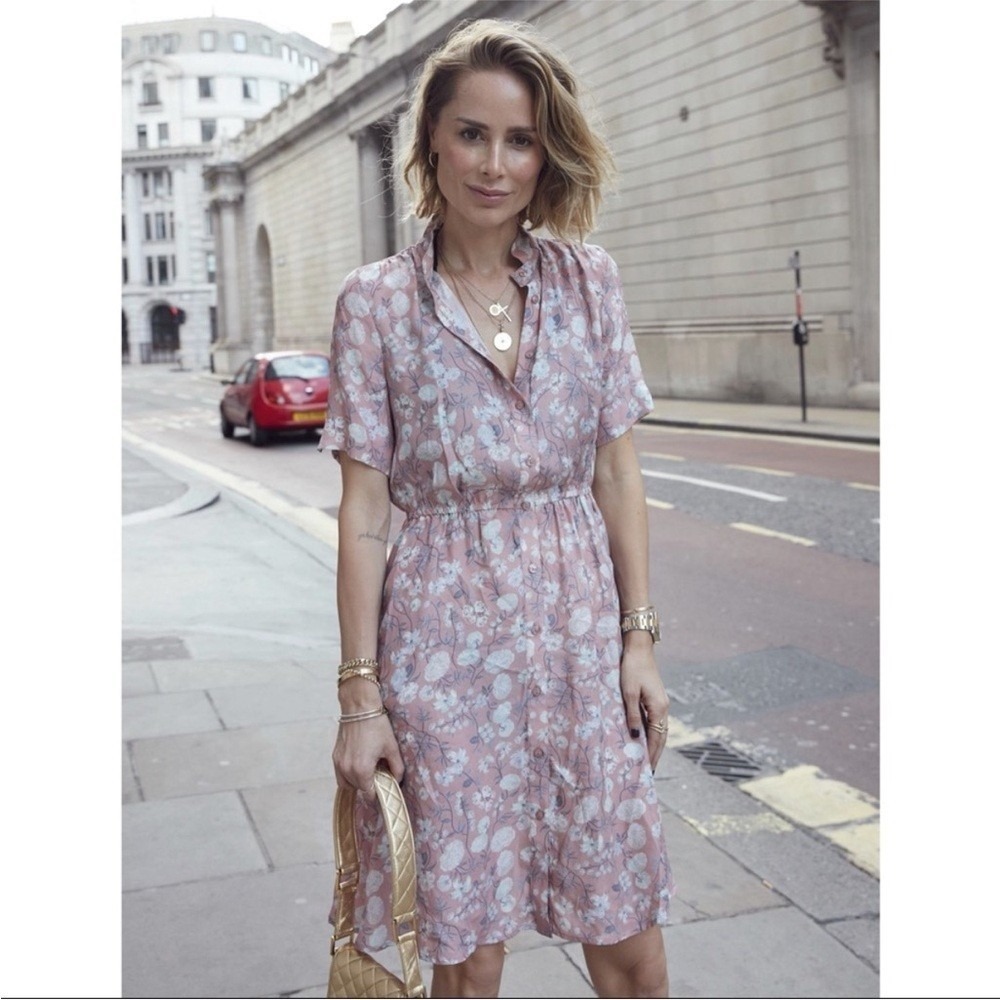 Anine Bing Pink Floral Silk Button Up Shirt Dress XS
